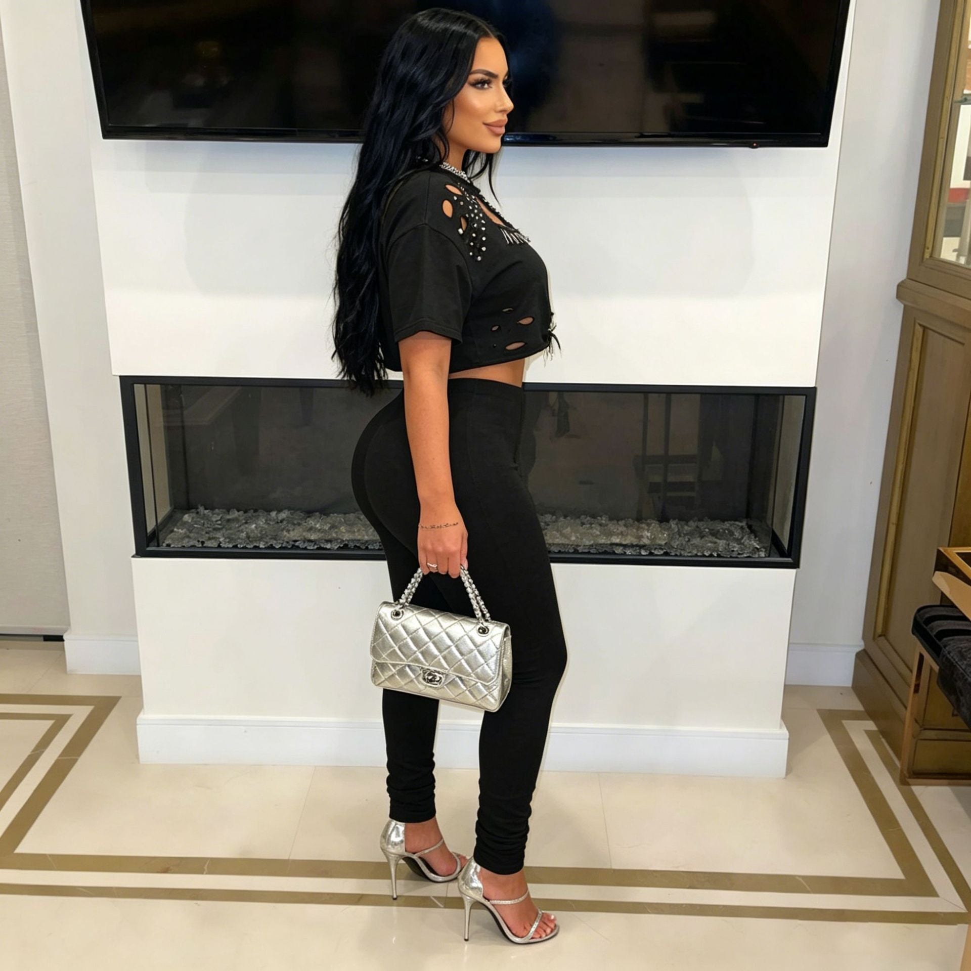 Women's Distressed Crop Top Pants Set