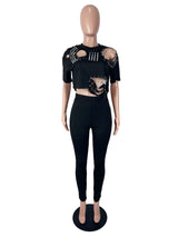 Women's Distressed Crop Top Pants Set