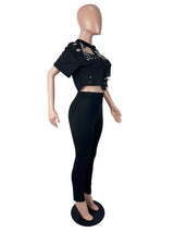 Women's Distressed Crop Top Pants Set