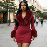 Women's Faux Fur Trim Long Sleeve Mini Dress