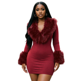 Women's Faux Fur Trim Long Sleeve Mini Dress