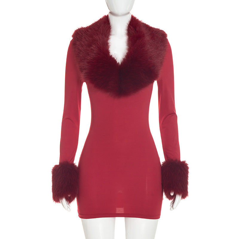 Women's Faux Fur Trim Long Sleeve Mini Dress