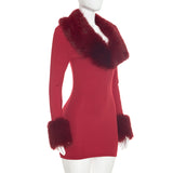 Women's Faux Fur Trim Long Sleeve Mini Dress