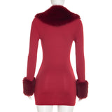 Women's Faux Fur Trim Long Sleeve Mini Dress