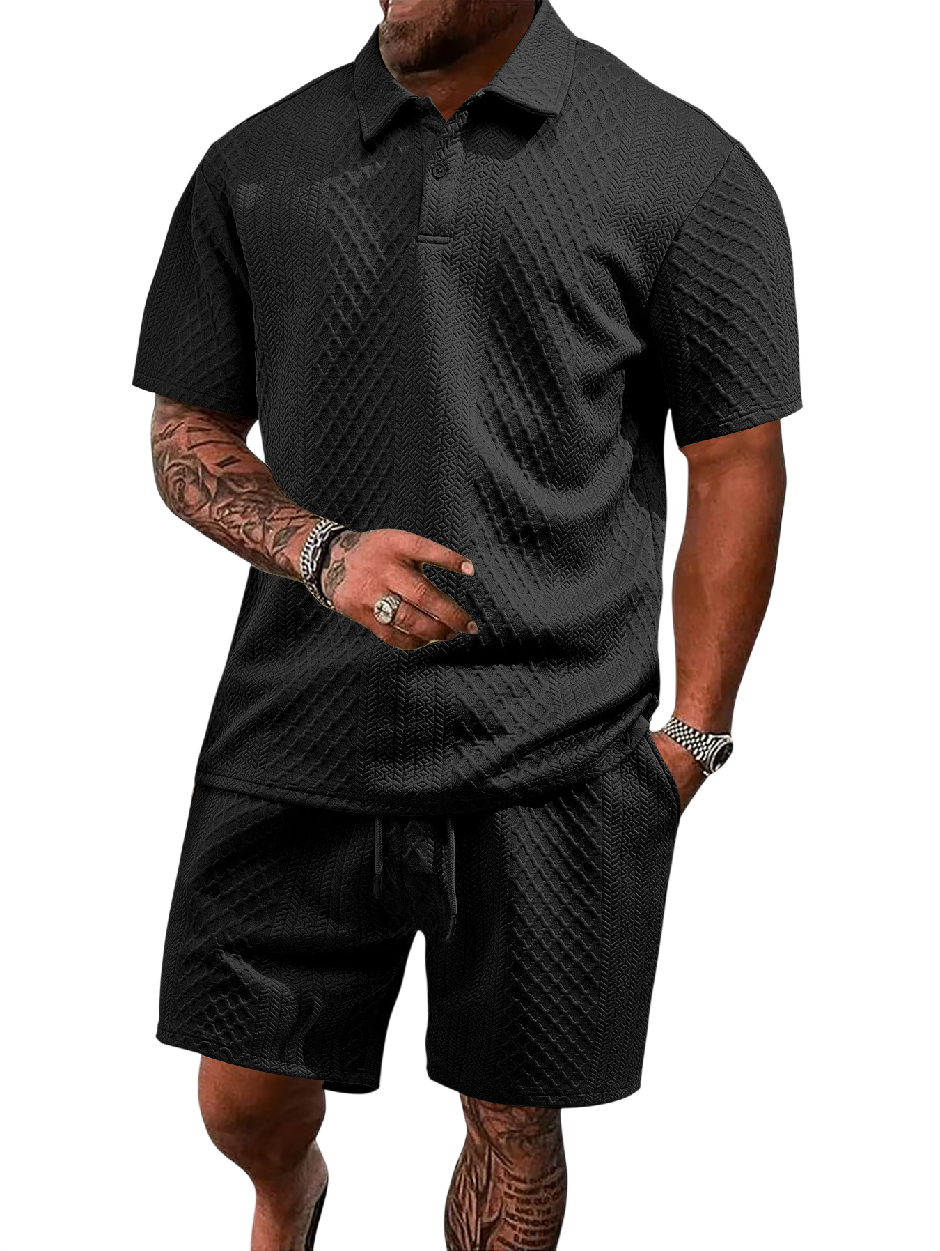 Men's Textured Polo Shirt and Shorts Set