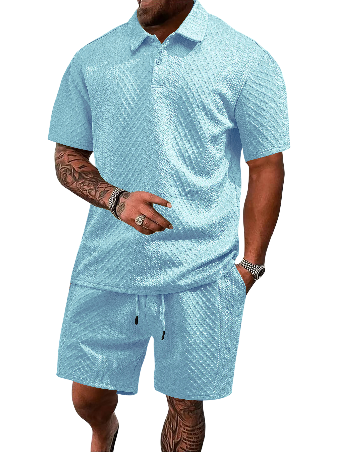 Men's Textured Polo Shirt and Shorts Set