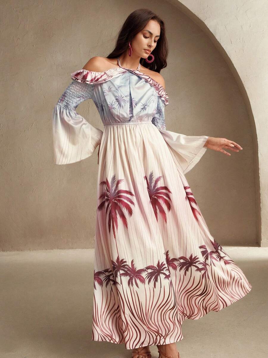 Women's Tropical Print Off Shoulder Maxi Dress