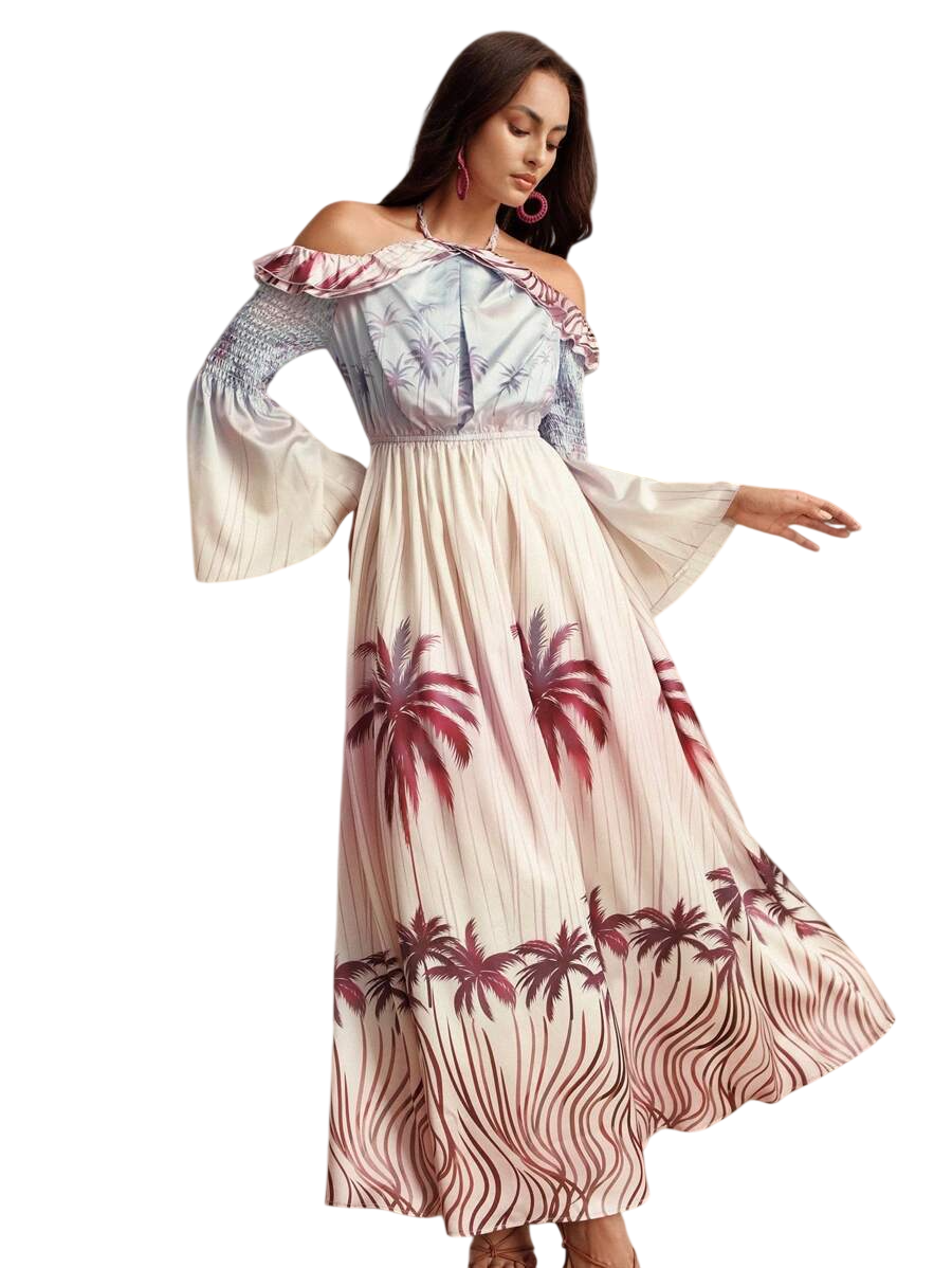 Women's Tropical Print Off Shoulder Maxi Dress