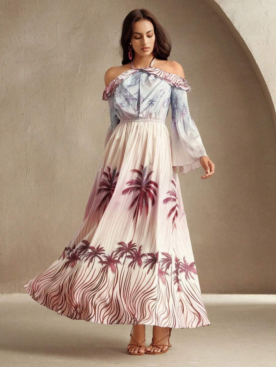 Women's Tropical Print Off Shoulder Maxi Dress