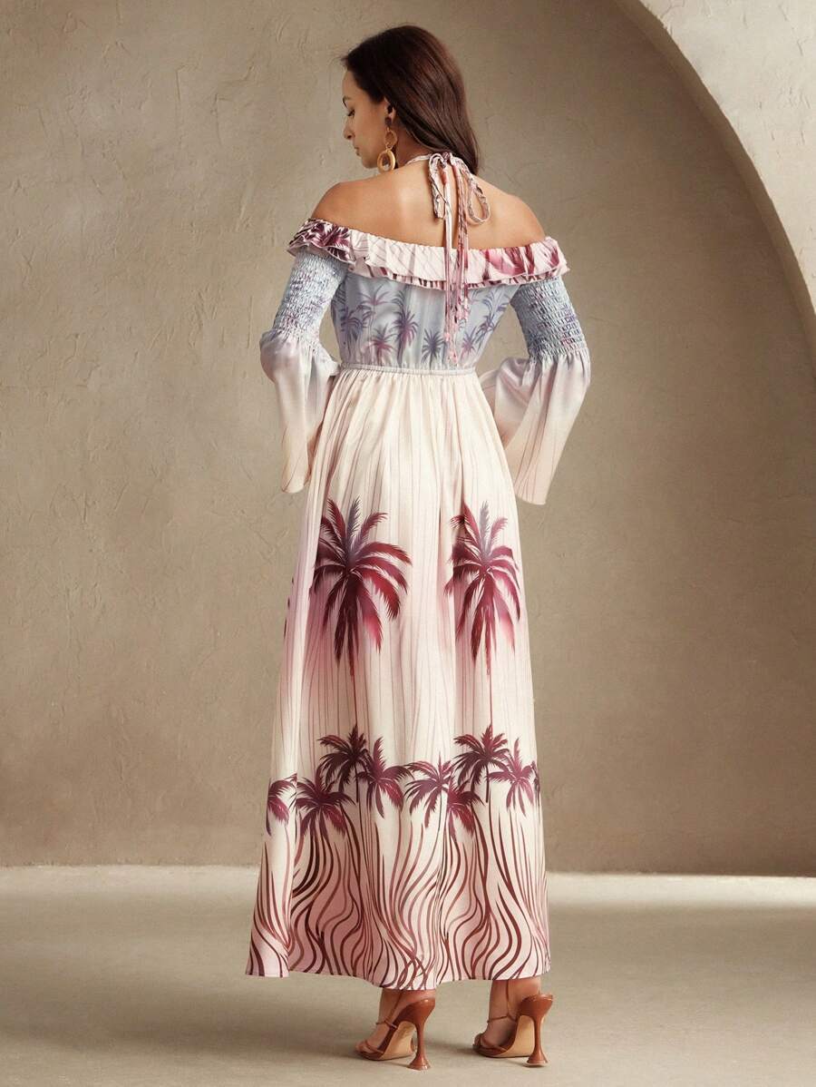 Women's Tropical Print Off Shoulder Maxi Dress