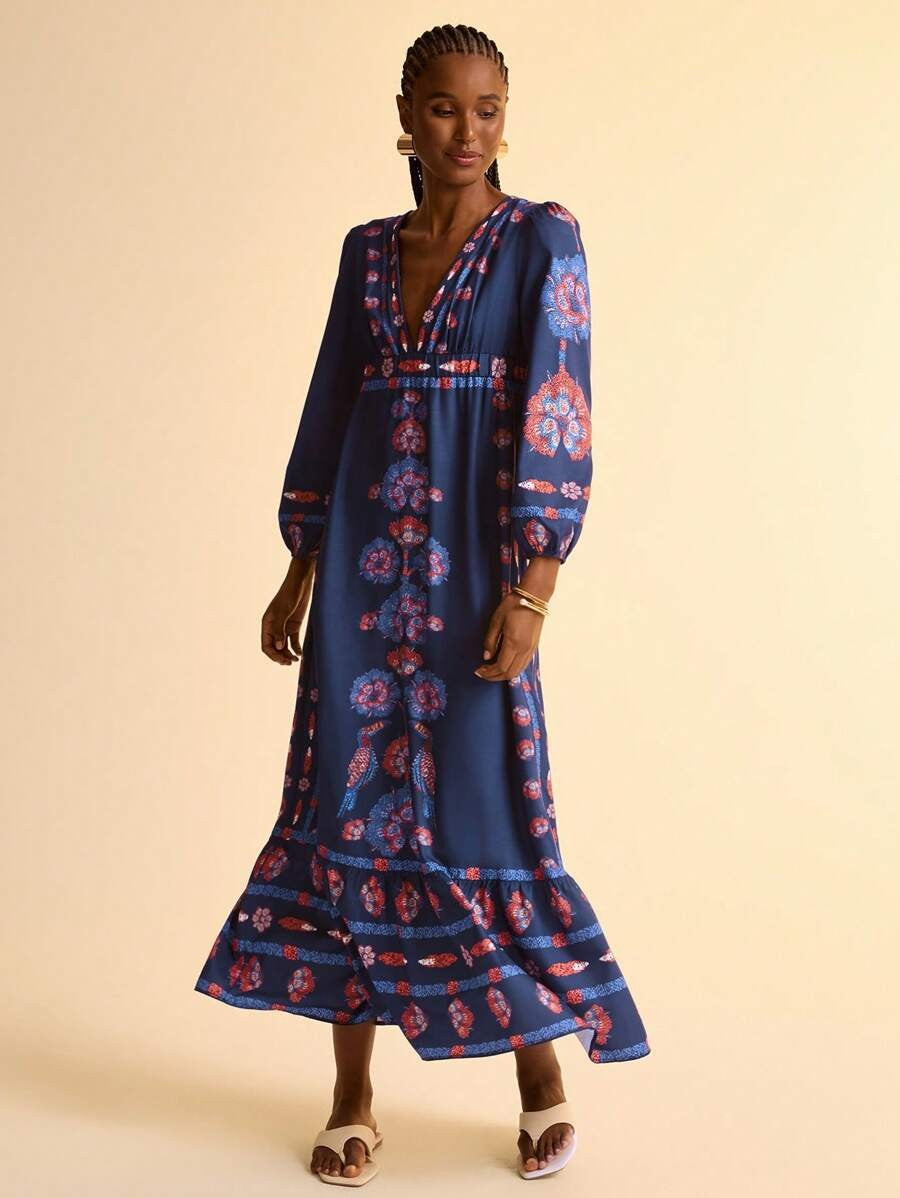 Women's Floral Long Sleeve Midi Dress
