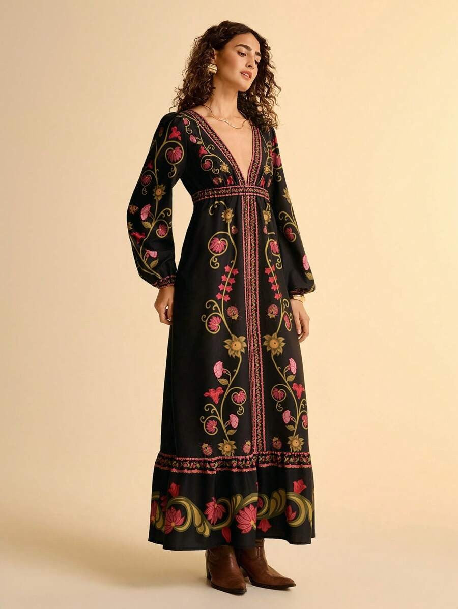 Women's Floral Long Sleeve Midi Dress