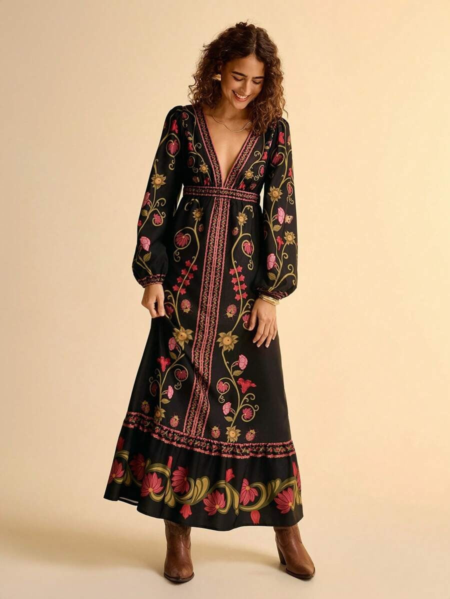 Women's Floral Long Sleeve Midi Dress
