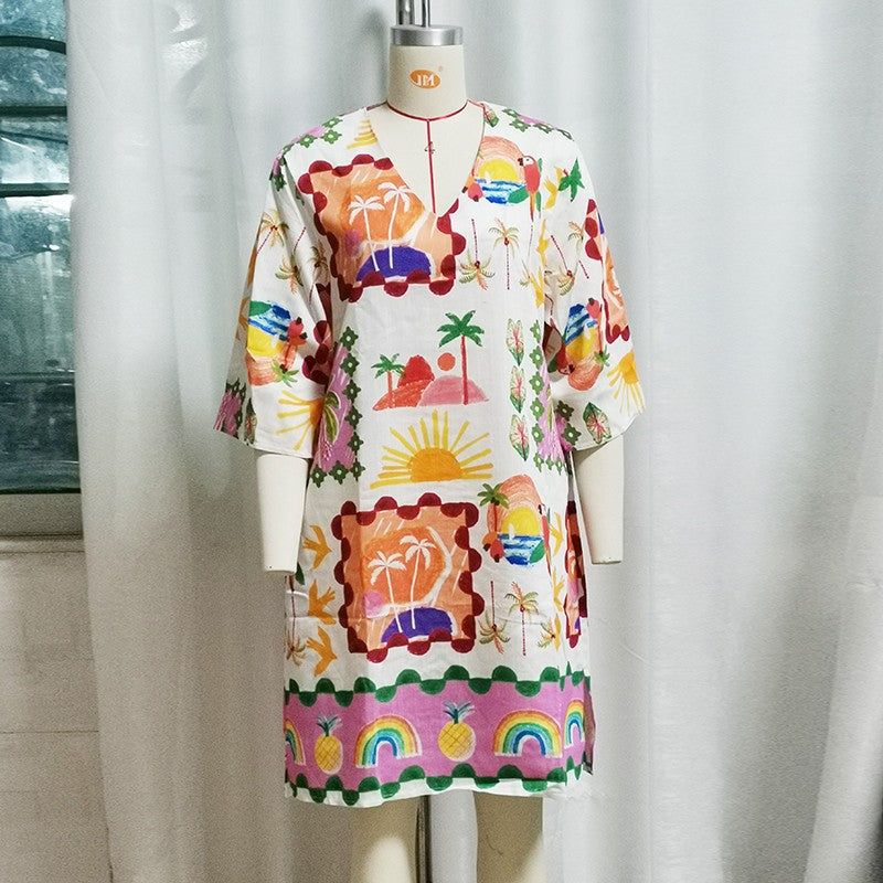 Tropical Print V-Neck Mini Dress