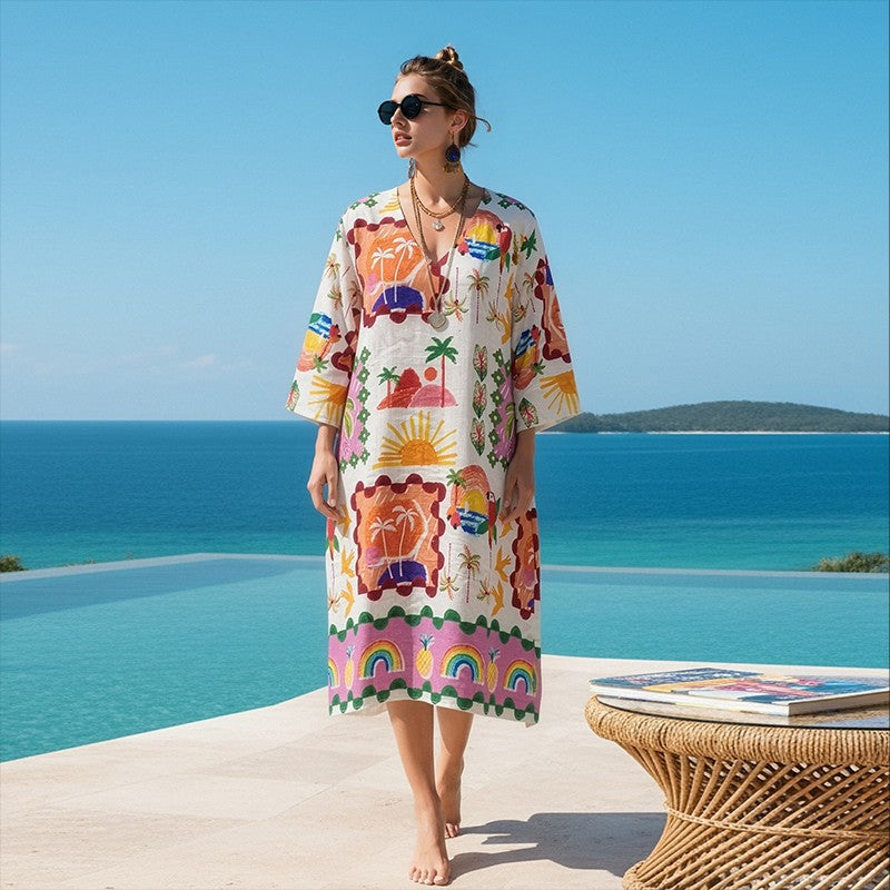 Tropical Print V-Neck Mini Dress
