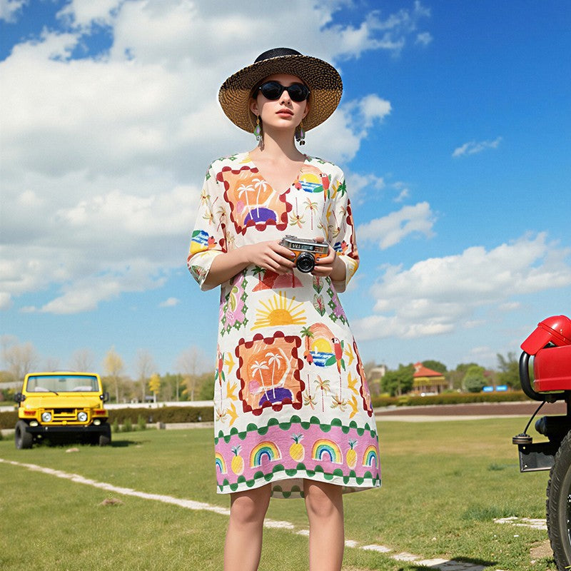 Tropical Print V-Neck Mini Dress