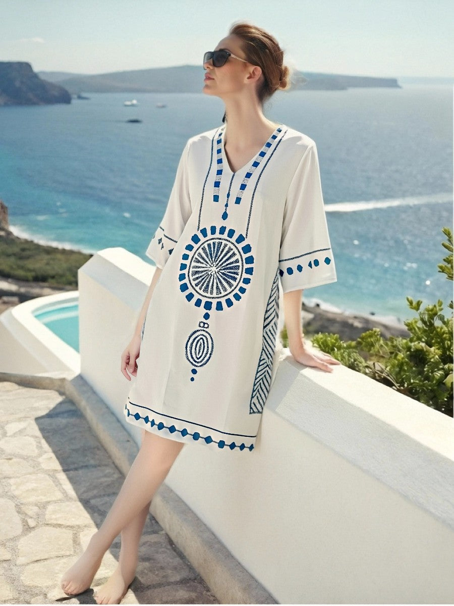 Women's Embroidered V-Neck Tunic Dress