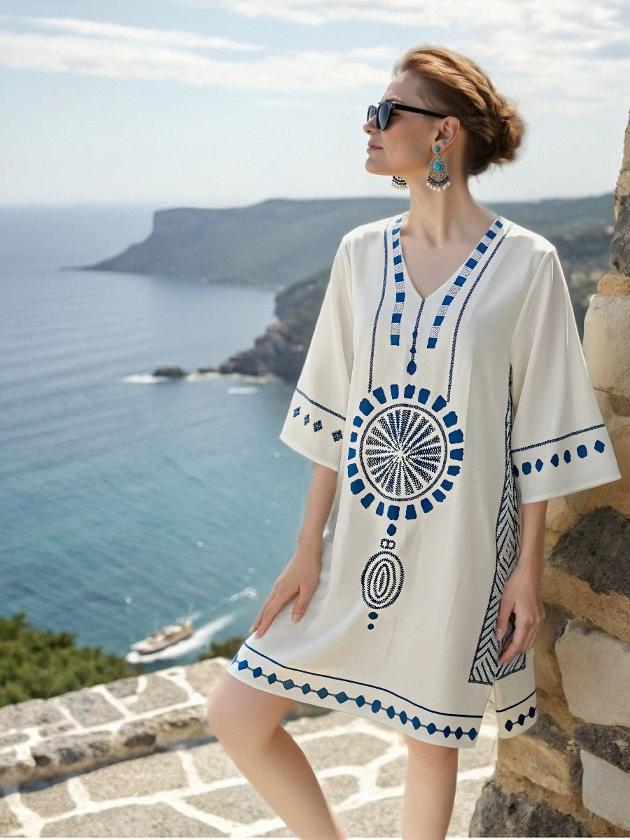Women's Embroidered V-Neck Tunic Dress