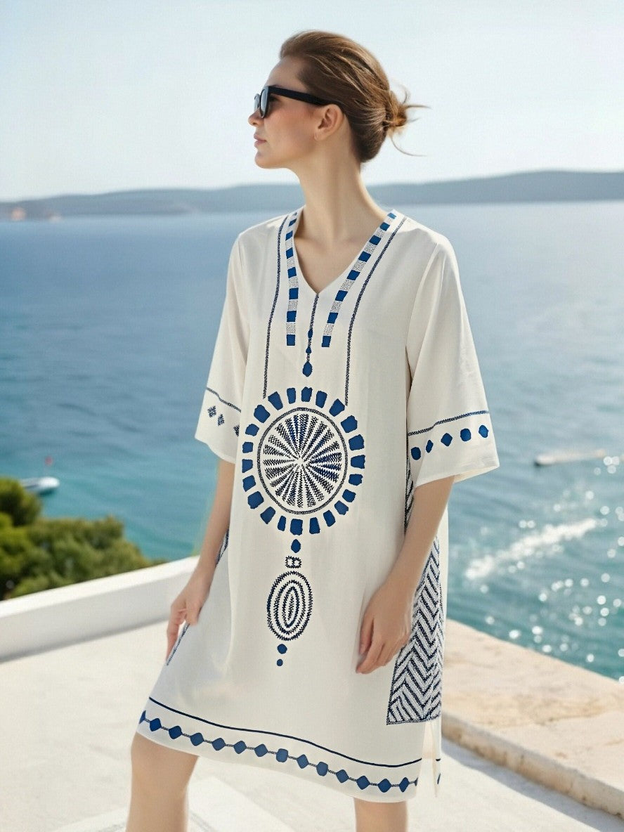 Women's Embroidered V-Neck Tunic Dress