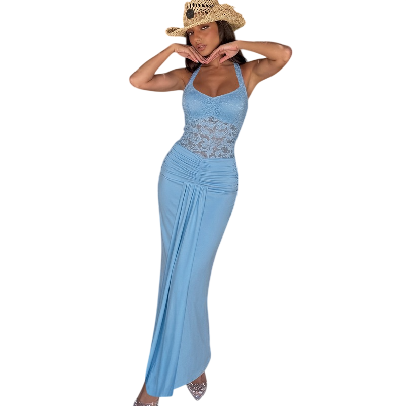 Women's Lace Ruched Maxi Dress
