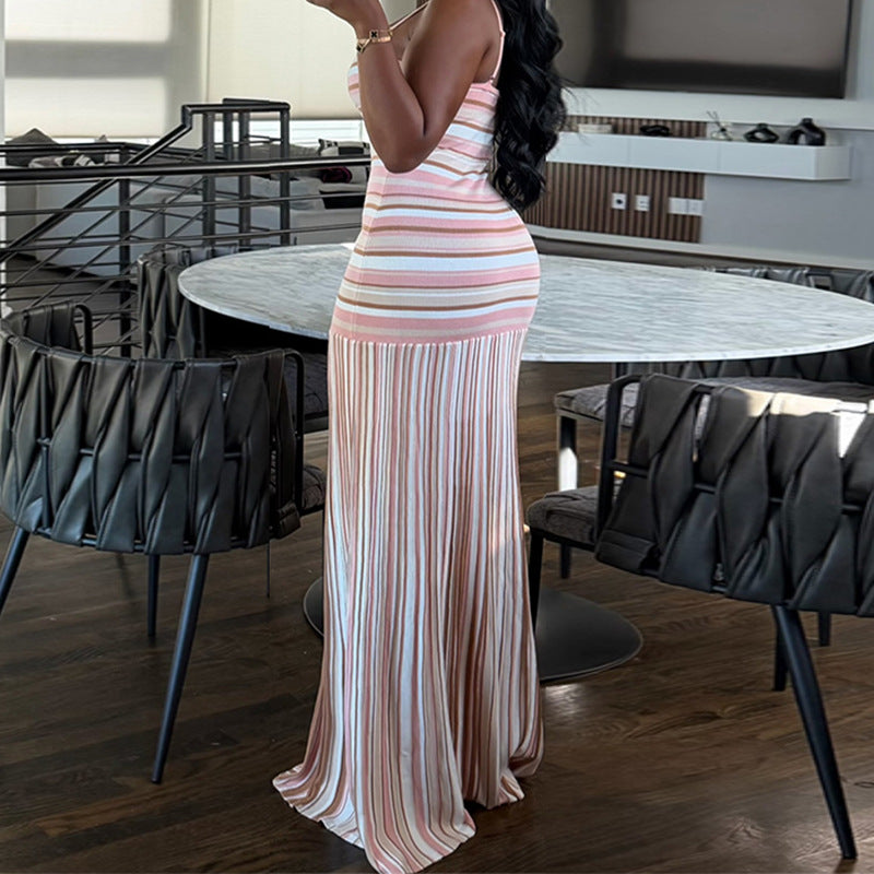 Women's Striped Spaghetti Strap Maxi Dress