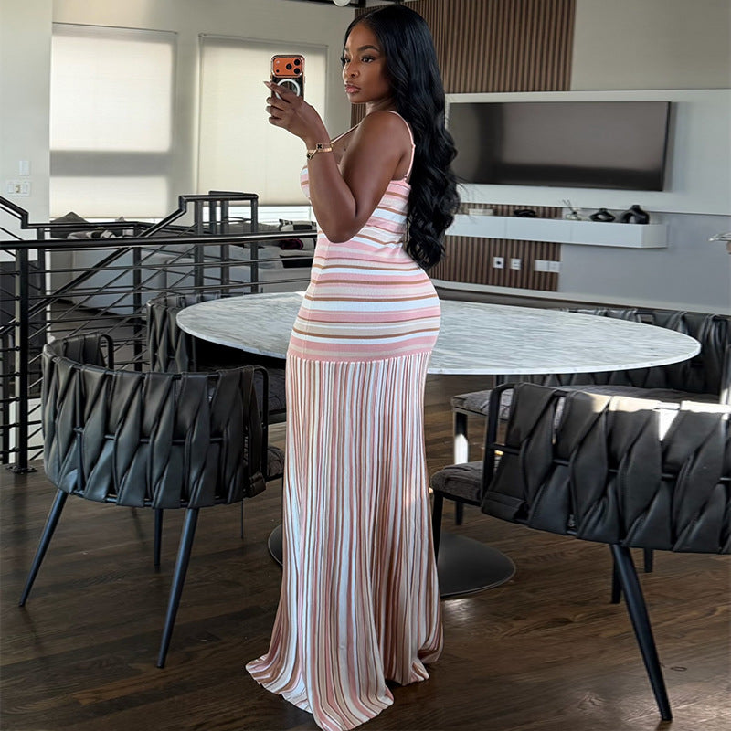 Women's Striped Spaghetti Strap Maxi Dress
