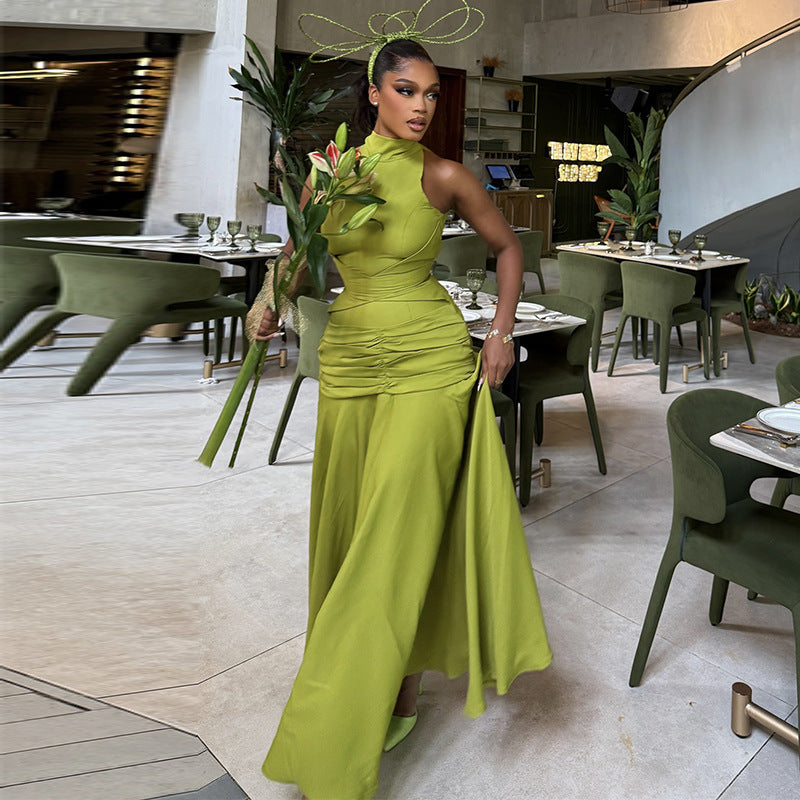 Women's Ruched Halter Neck Maxi Dress