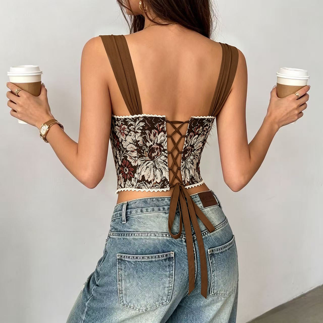 Women’s Floral Lace Trim Corset Top