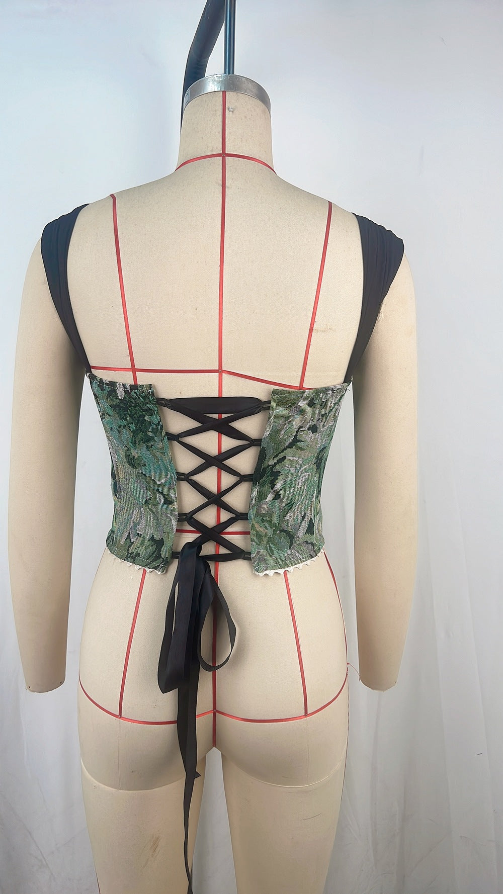 Women’s Green Floral Lace-Up Corset Top