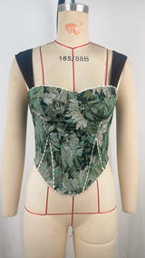 Women’s Green Floral Lace-Up Corset Top