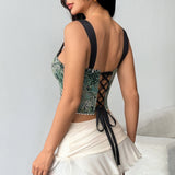 Women’s Green Floral Lace-Up Corset Top