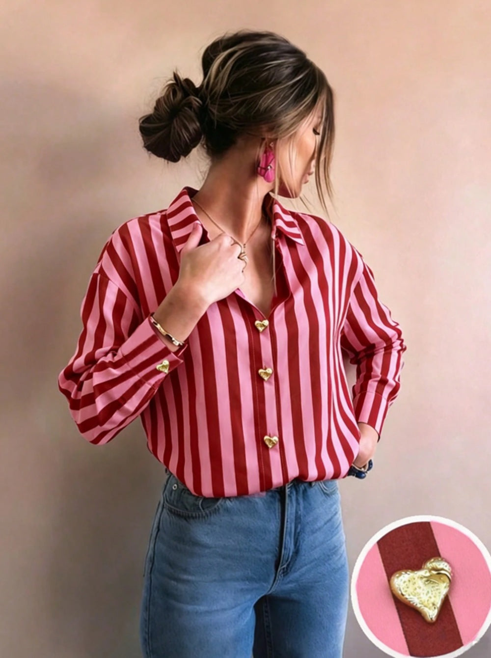 Women’s Striped Button-Up Heart Detail Top