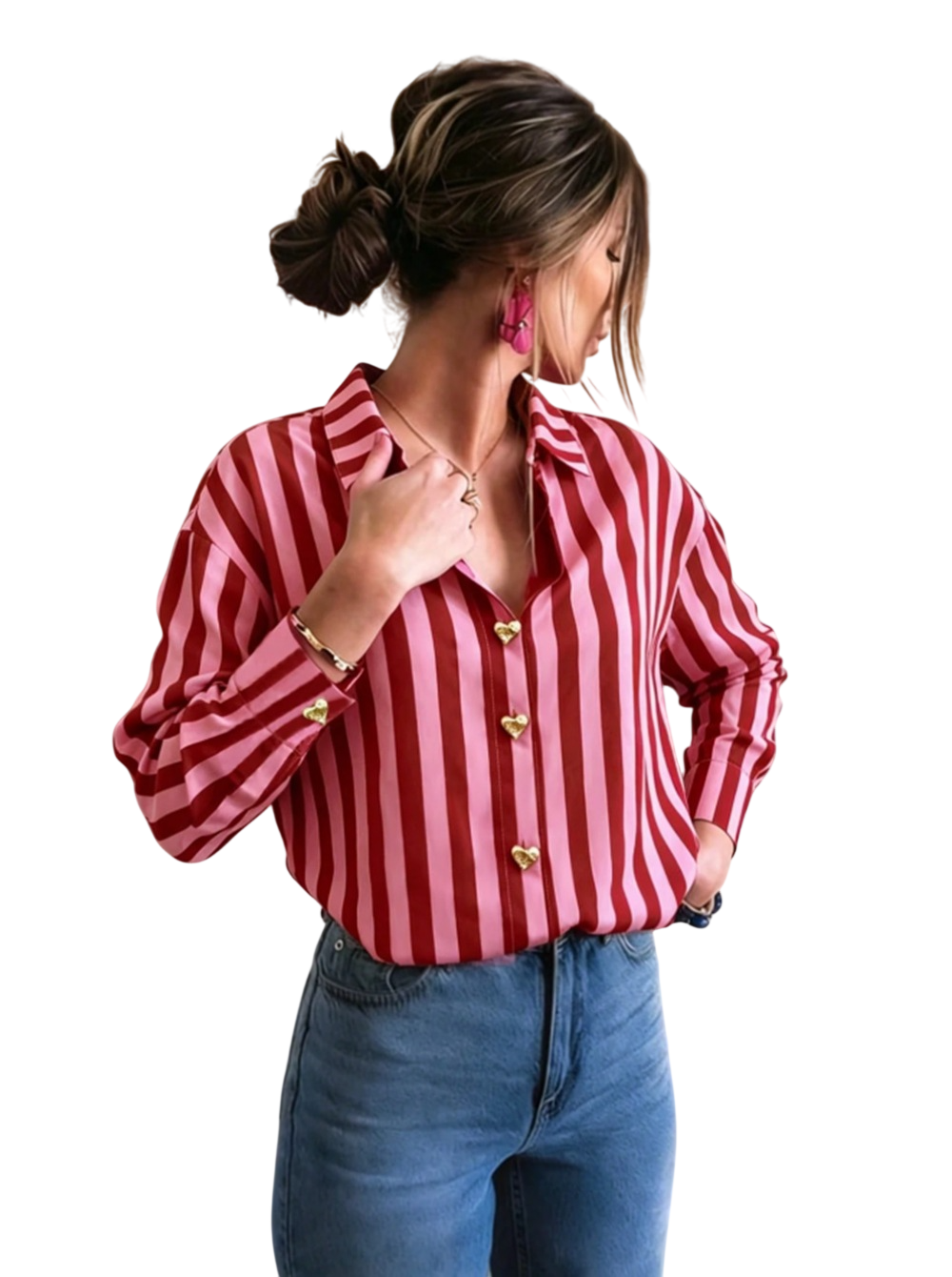 Women’s Striped Button-Up Heart Detail Top