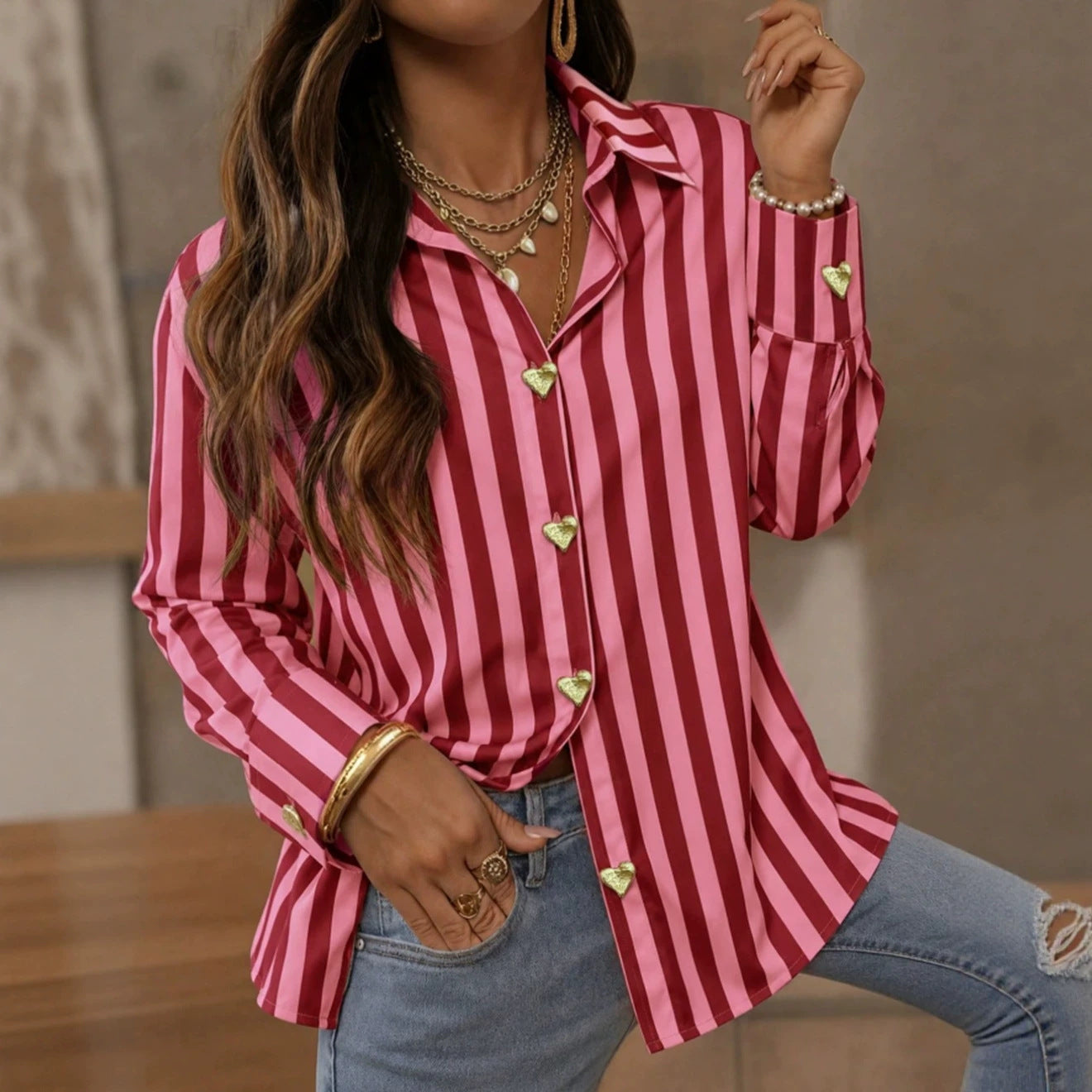 Women’s Striped Button-Up Heart Detail Top