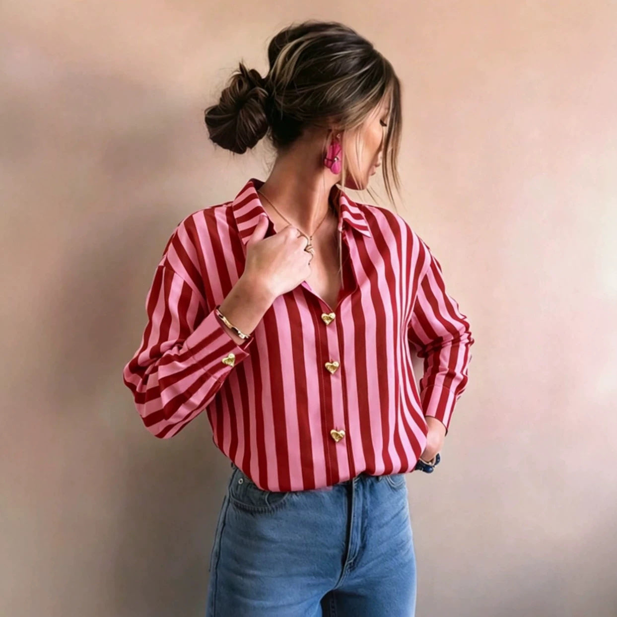 Women’s Striped Button-Up Heart Detail Top