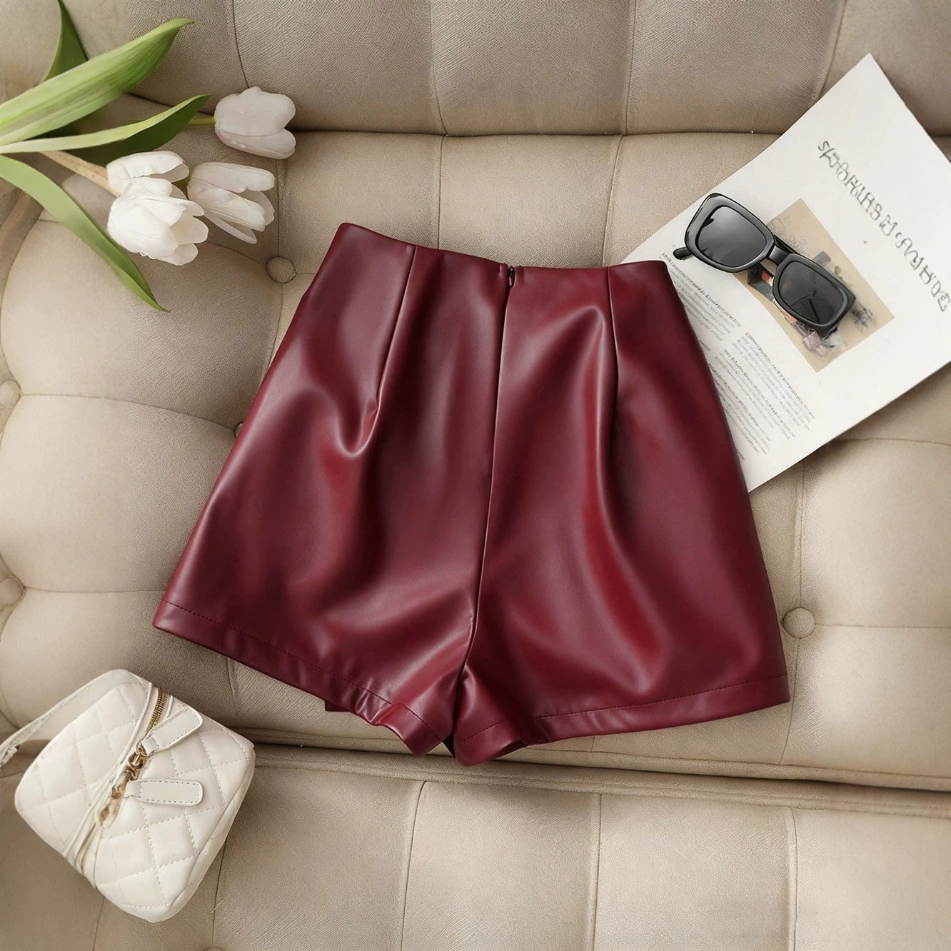 Women’s Burgundy Polyester Spandex High-Waist Shorts