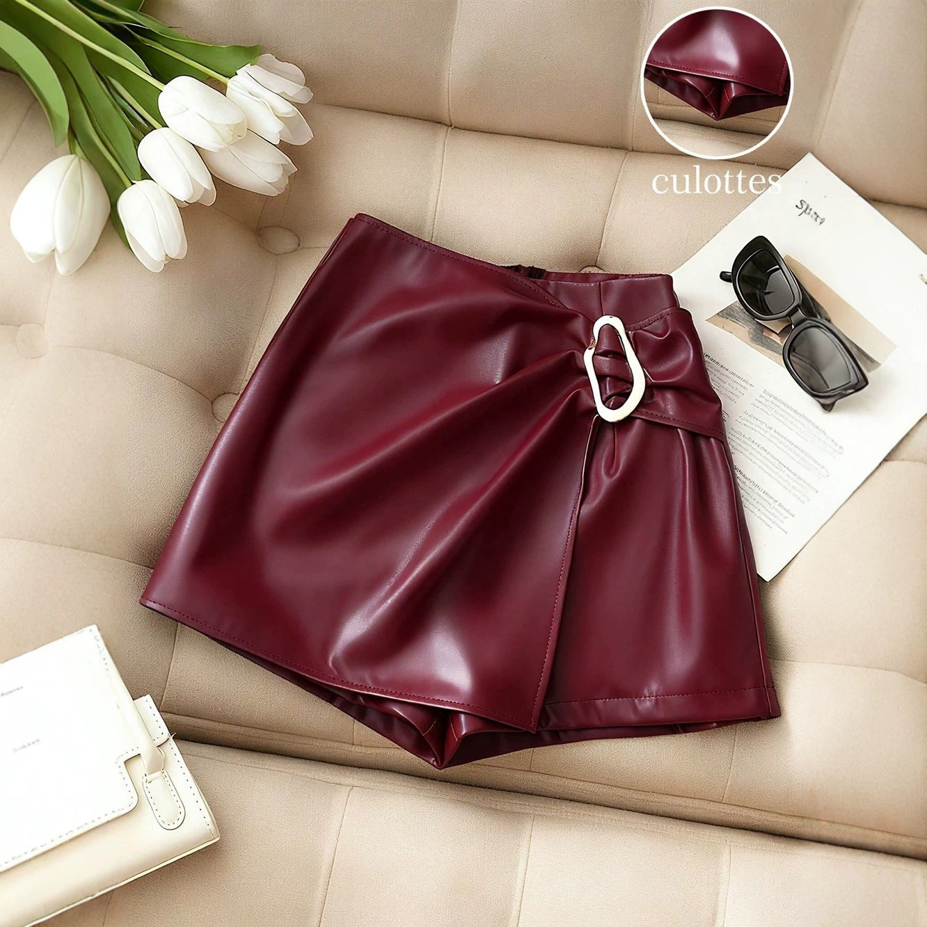 Women’s Burgundy Polyester Spandex High-Waist Shorts