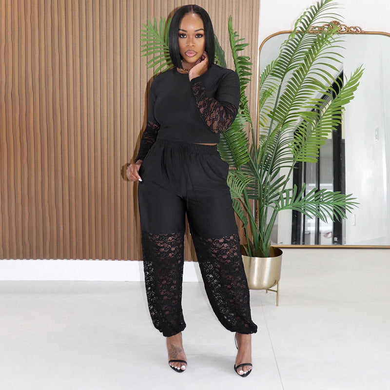 Women’s Black Lace Trim Two-Piece Set