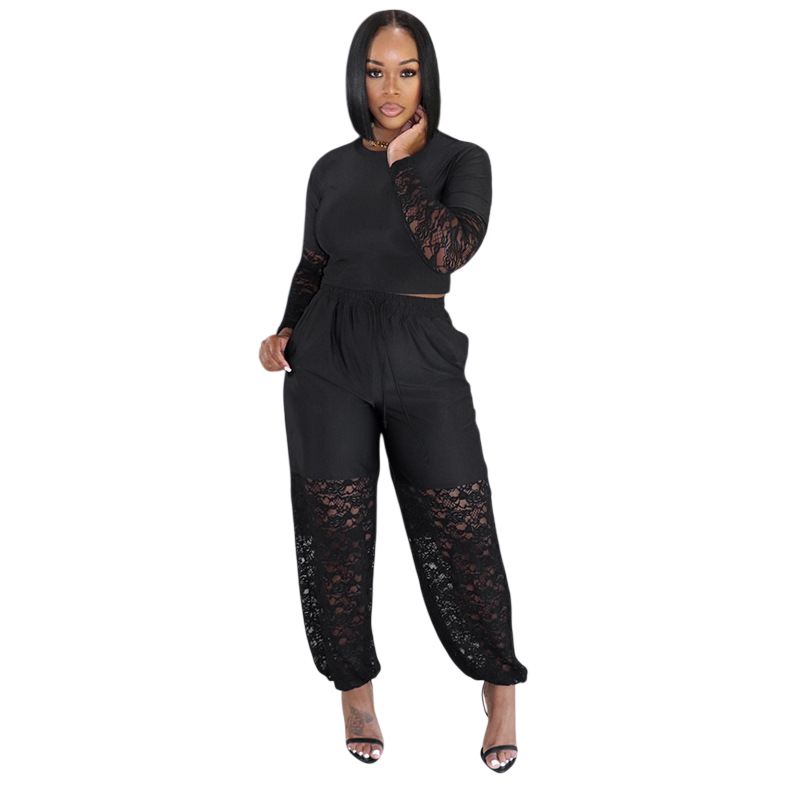 Women’s Black Lace Trim Two-Piece Set