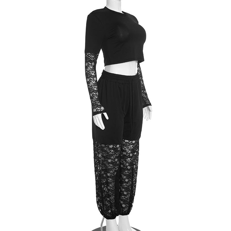 Women’s Black Lace Trim Two-Piece Set