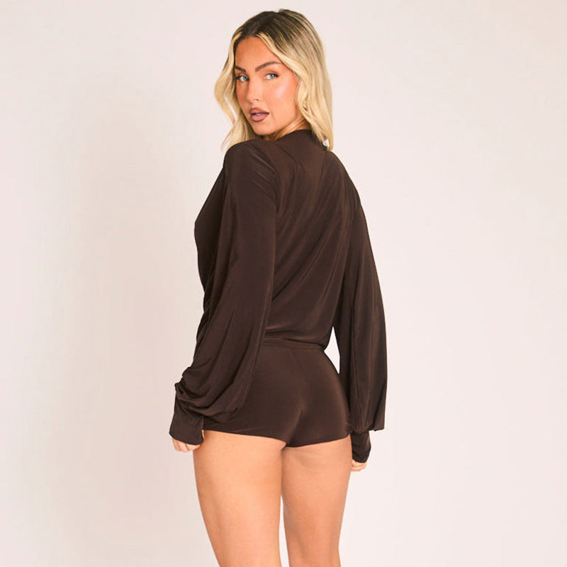 Women’s Brown Draped Top and Shorts Set