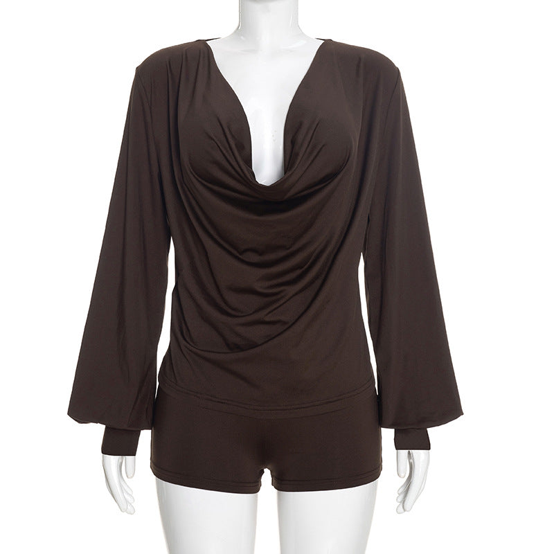 Women’s Brown Draped Top and Shorts Set