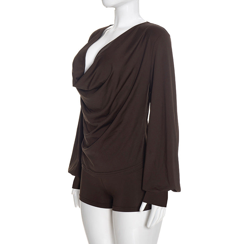 Women’s Brown Draped Top and Shorts Set