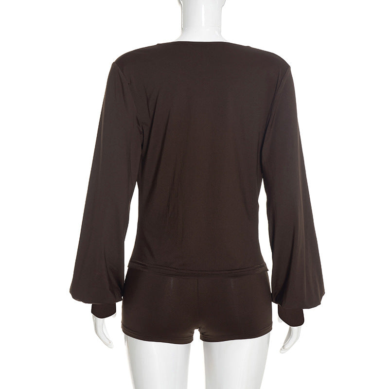 Women’s Brown Draped Top and Shorts Set