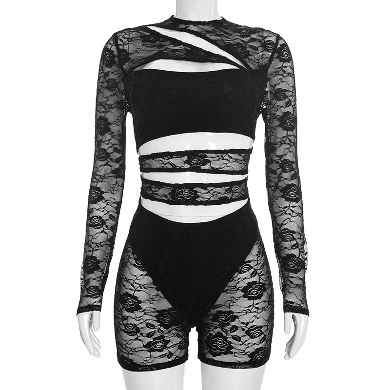 Women’s Black Lace Cutout Top and Shorts Set