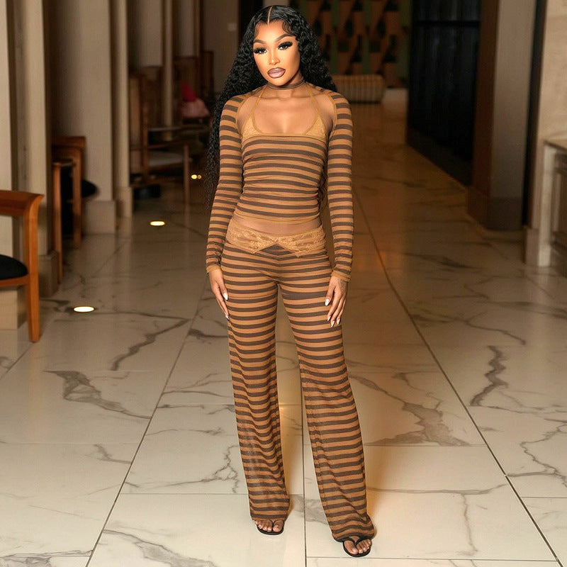 Women’s Brown Striped  Top and Pants Set