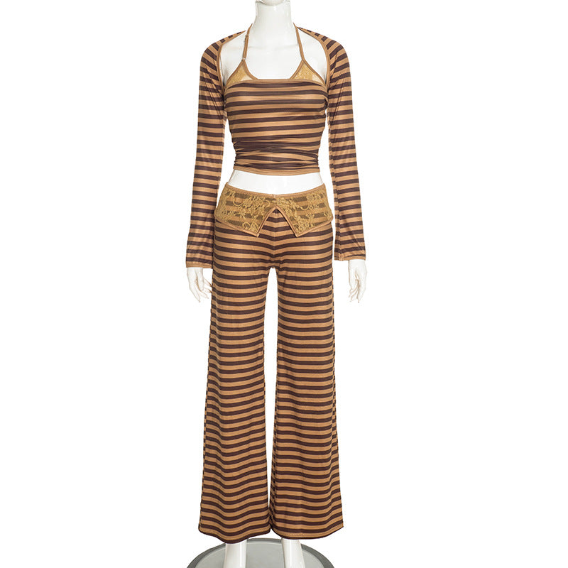 Women’s Brown Striped  Top and Pants Set