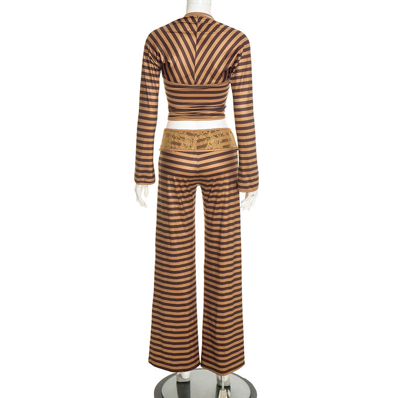 Women’s Brown Striped  Top and Pants Set