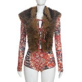 Women’s Printed Top and Shorts Set with Fur Vest