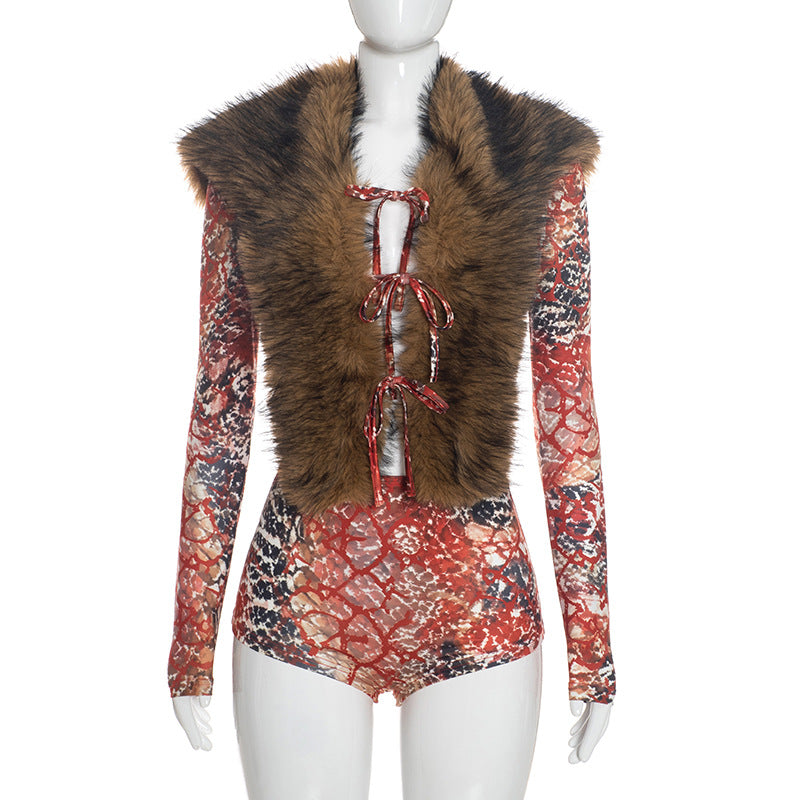 Women’s Printed Top and Shorts Set with Fur Vest